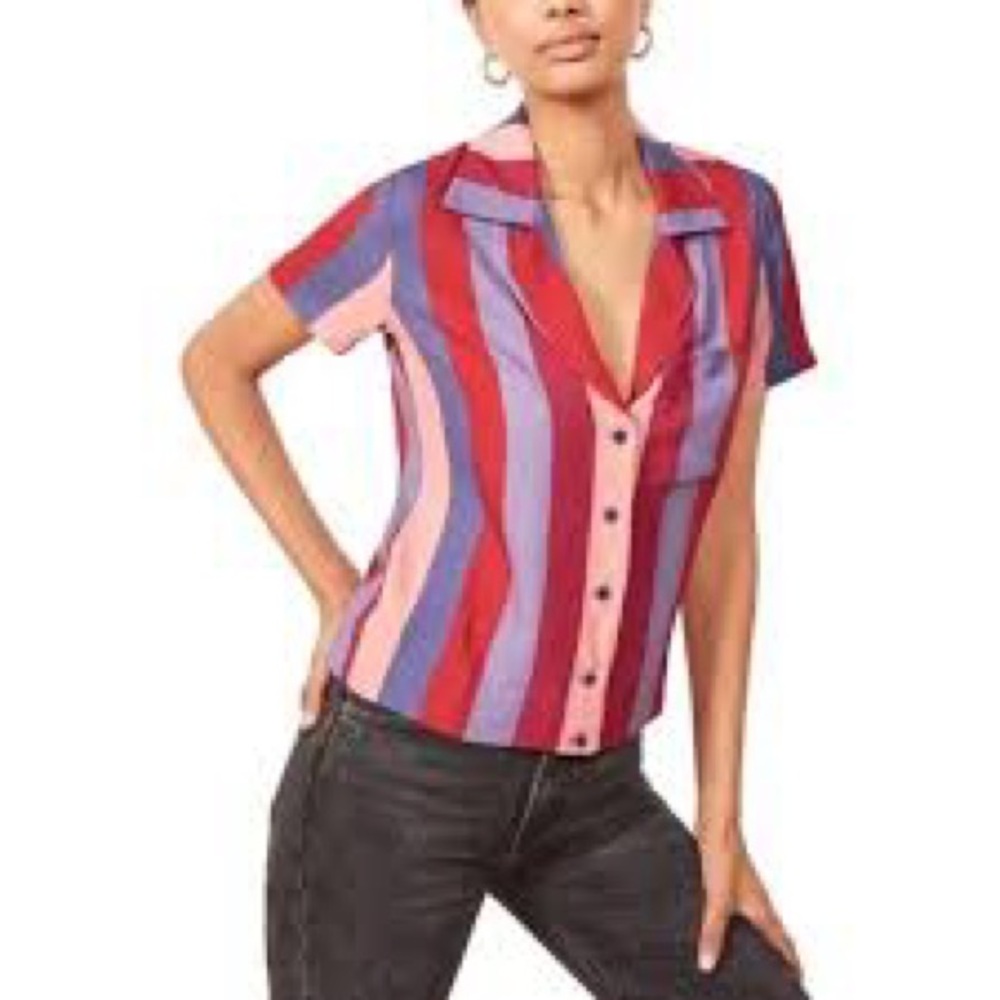 Reformation Button Up Short Sleeve Cuban Shirt in Circus Stripe Size S